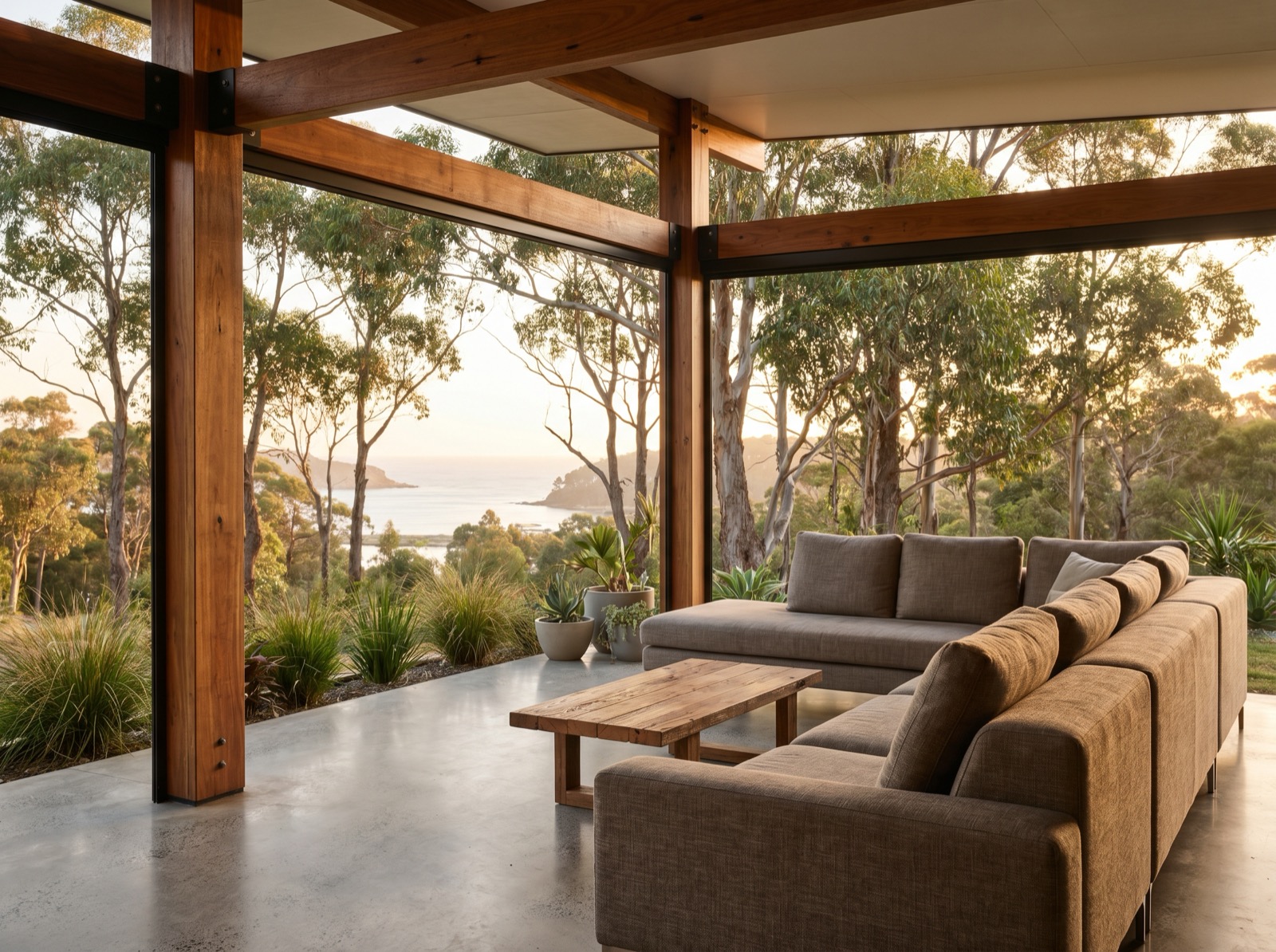 A premium covered alfresco entertaining space on a Sapphire Coast home, built in honey-toned Australian hardwood with steel structural straps, looking out toward coastal bushland and ocean