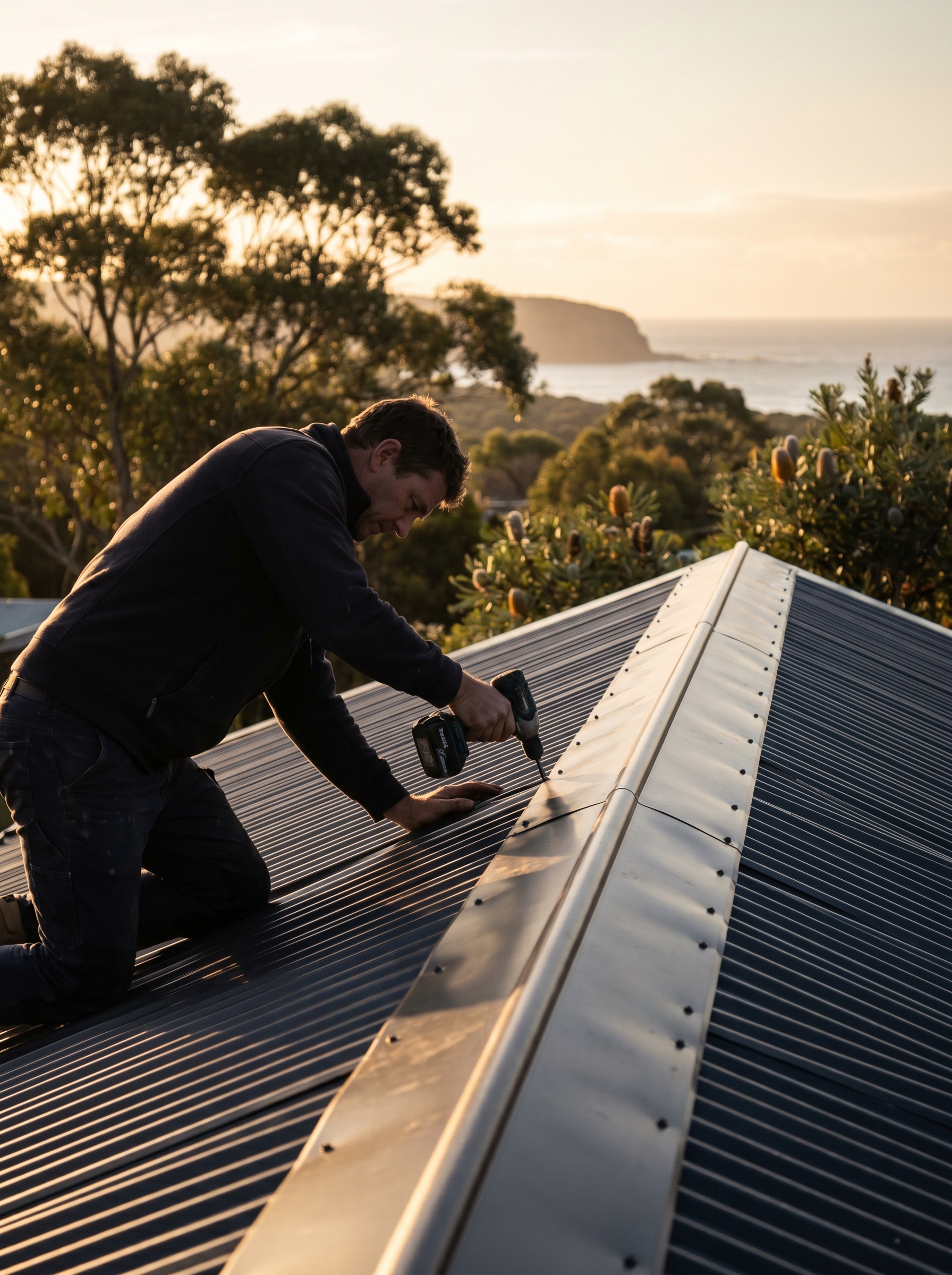 A Sapphire Coast tradesman installing a new Colorbond roof at golden hour, ocean visible in the distance