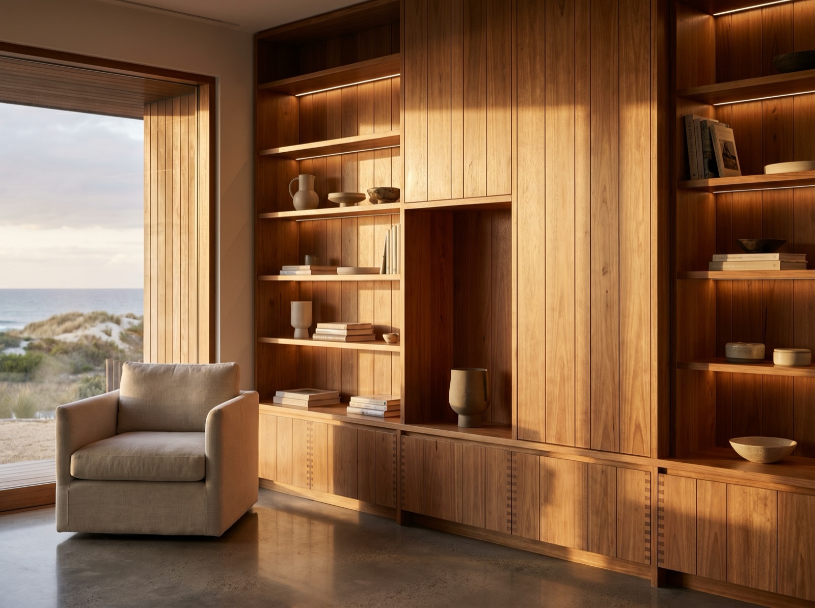 Floor-to-ceiling custom built-in timber joinery in a coastal Australian home, fine craftsmanship visible in the vertical-grain spotted gum shelving with a coastal landscape glimpse through the window