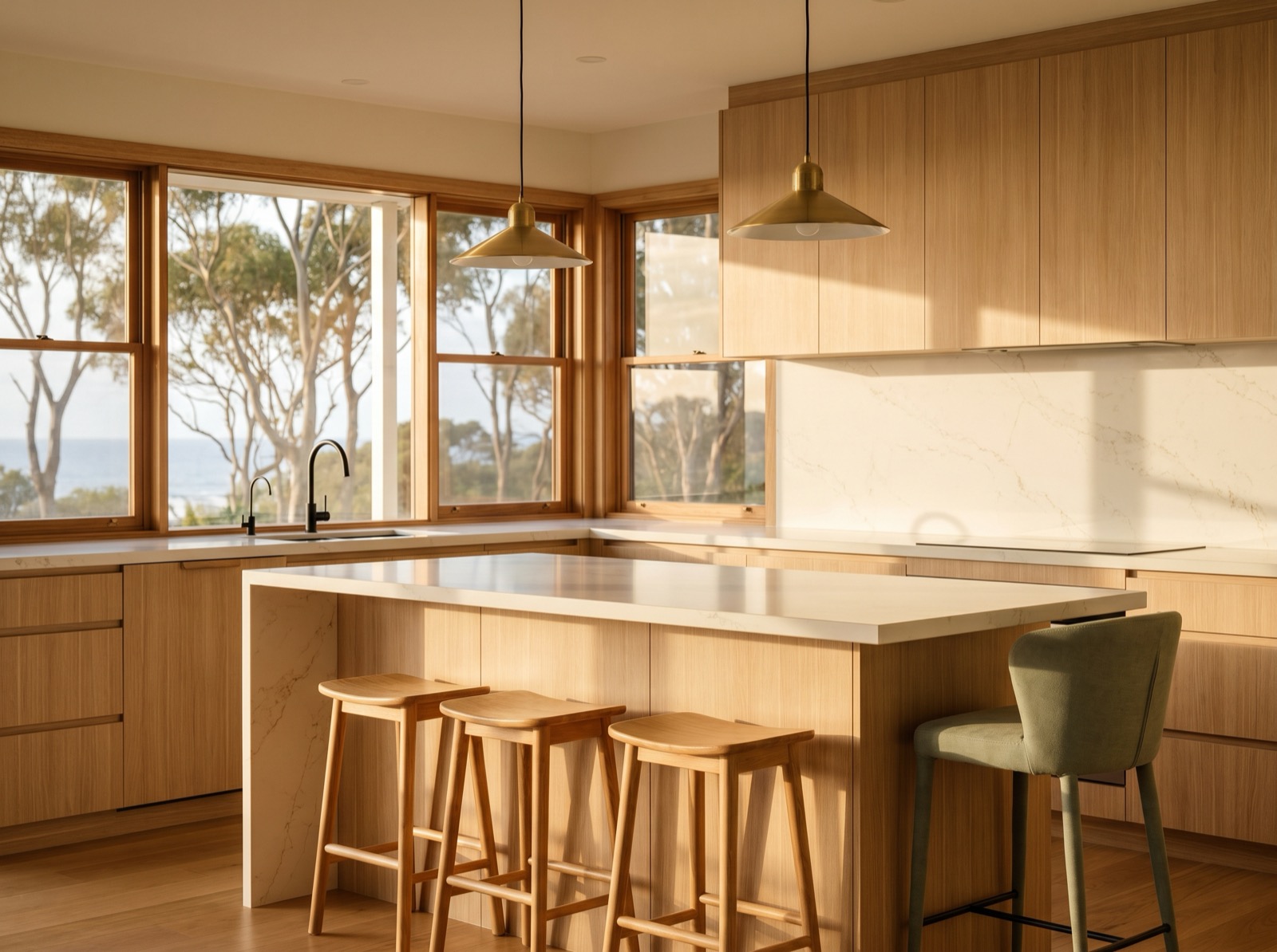 A premium modern coastal kitchen with light oak cabinetry, white stone benchtop, brass pendant lighting and a view of coastal landscape through large windows
